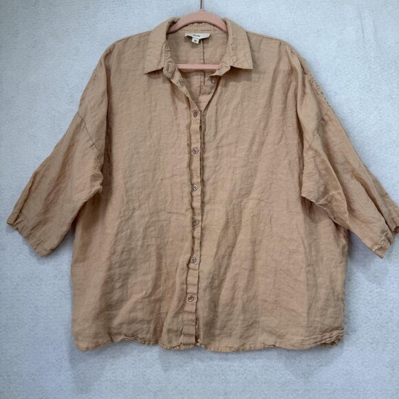 Sauths Shirt Womens Medium Beige 100% Linen Button Front Oversized 3/4 Sleeve - Picture 1 of 8